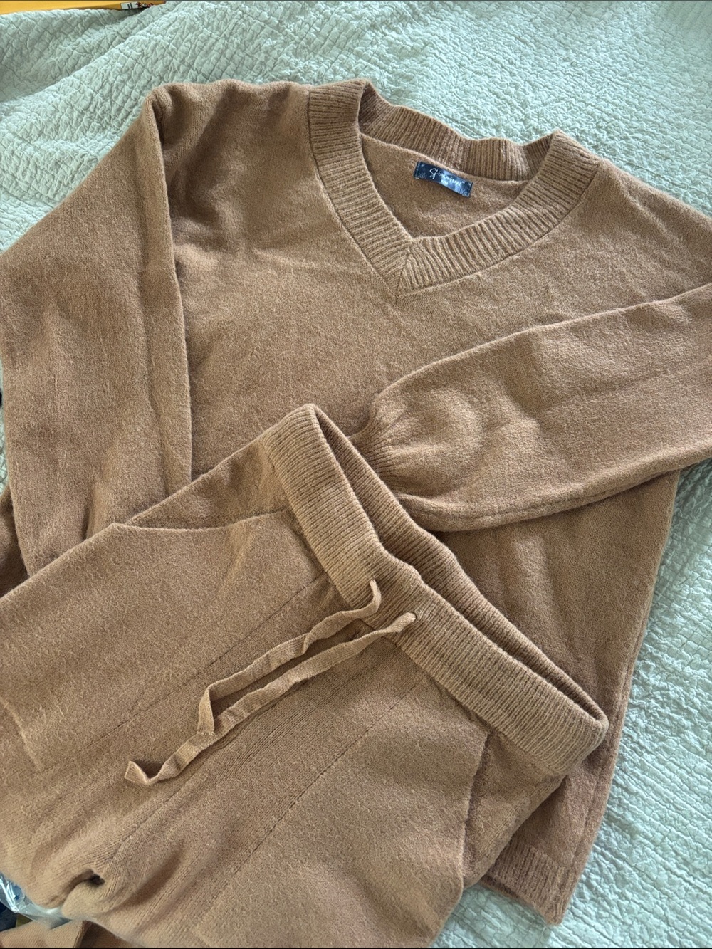 Soft V-Neck Sweater and pant set in Caramel Brown - Unbranded